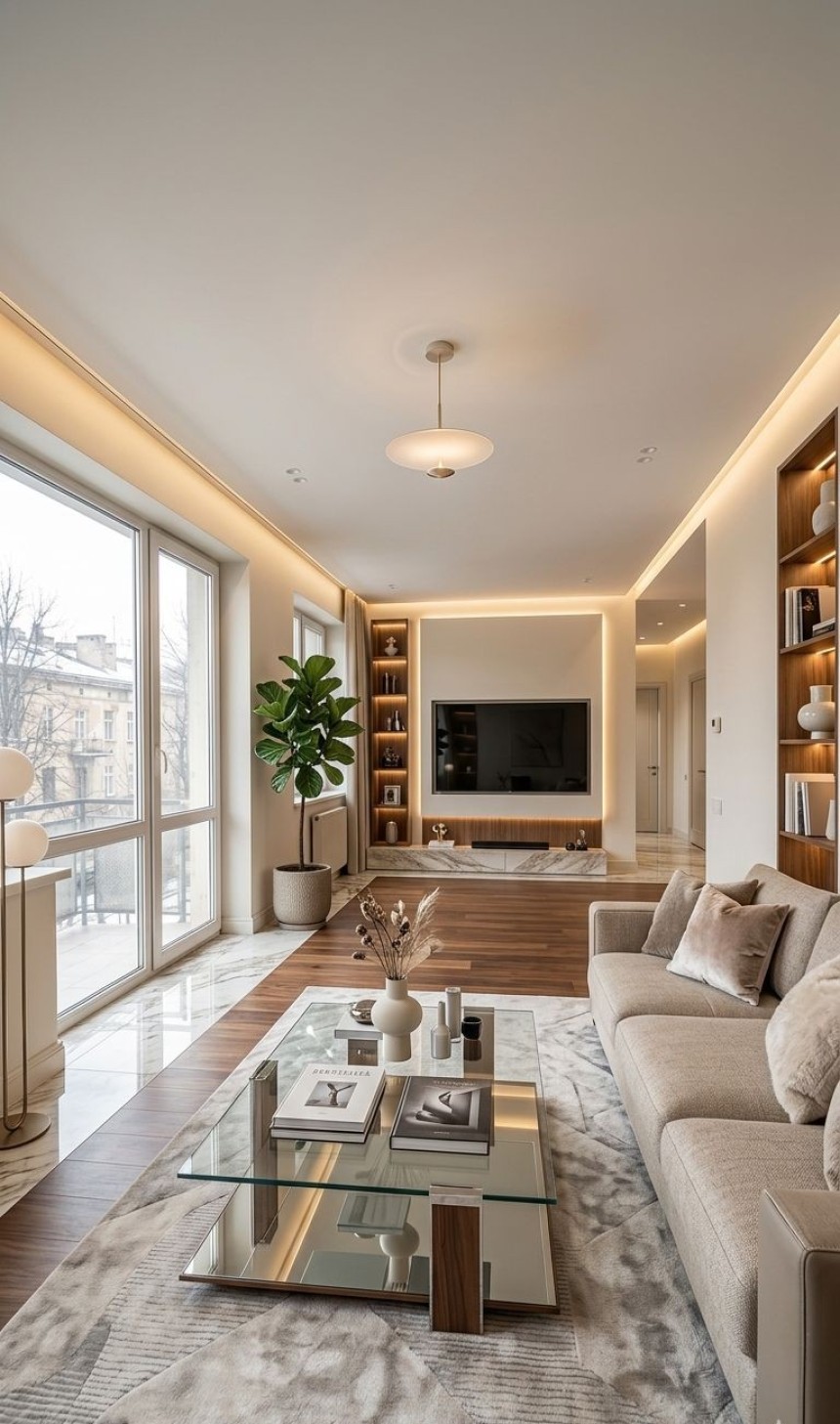 before and after small living room transformation with modern cozy interior design, warm lighting and minimalist decor