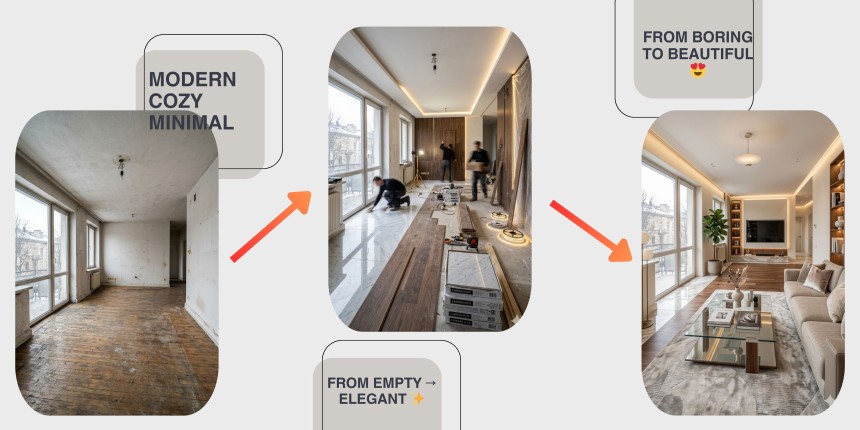 before and after small living room transformation showing empty space turned into modern cozy interior with warm lighting, minimalist furniture and aesthetic home decor