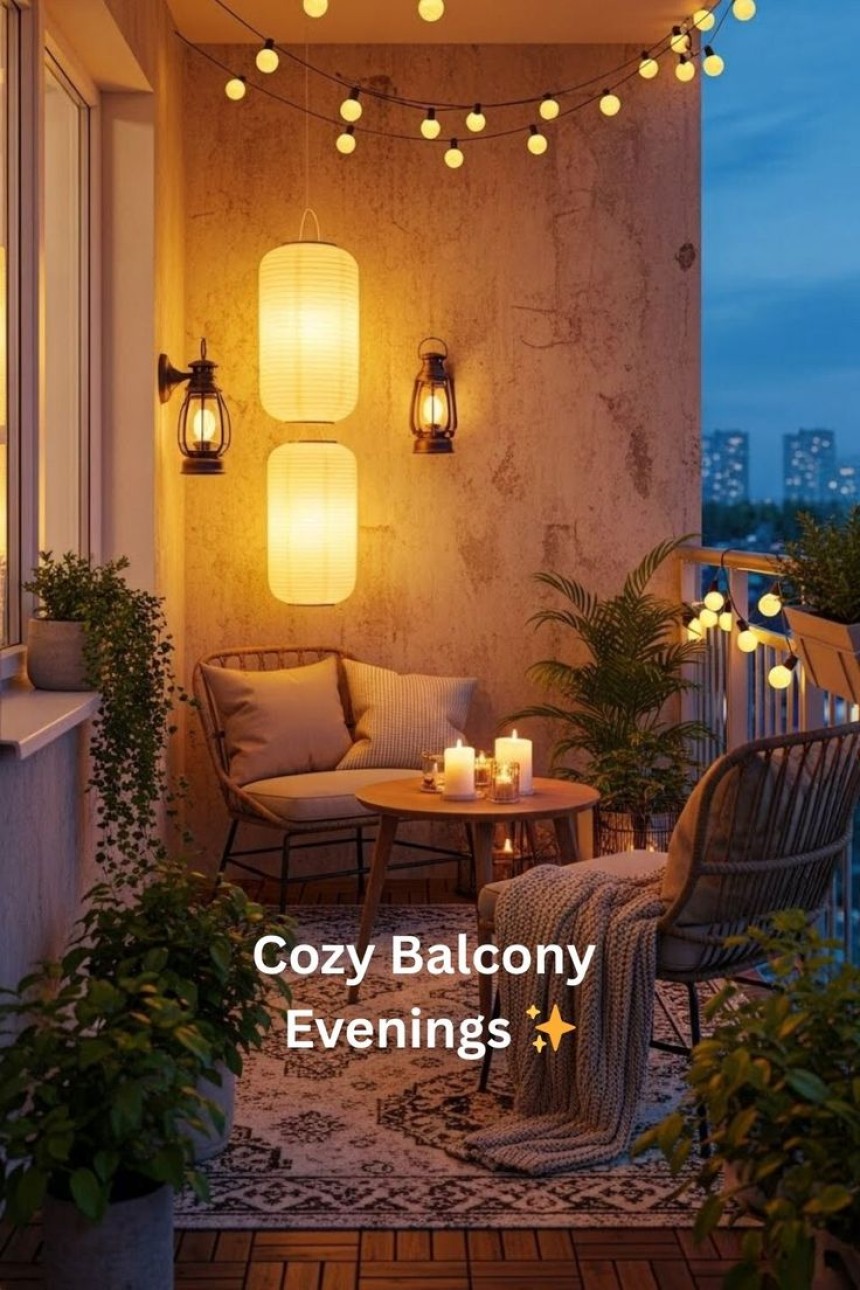 small apartment balcony decorated with warm string lights, cozy seating, plants, and relaxing evening ambiance