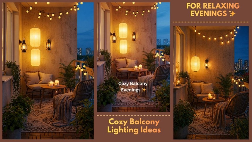 collage of balcony lighting ideas with string lights lanterns candles warm evening decor and small apartment balcony inspiration