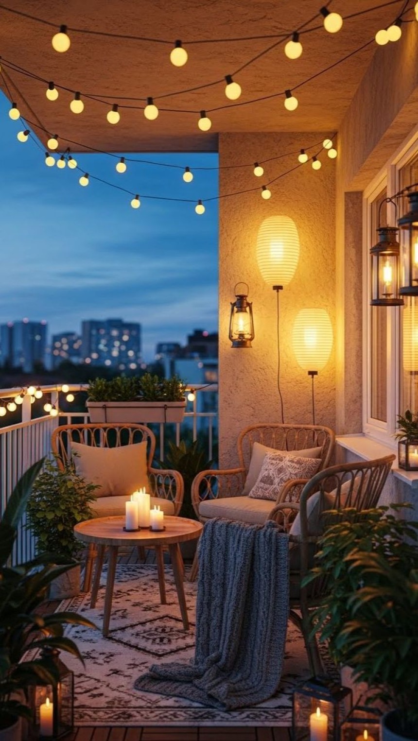 small empty apartment balcony transformed into a cozy decorated balcony with seating lights and plants before and after comparison