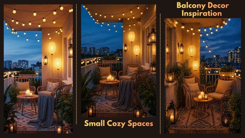 before and after collage of tiny balcony makeover with modern decor seating plants lighting and cozy apartment balcony design