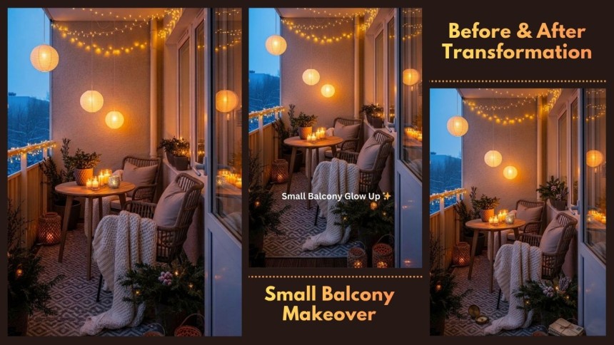 collage of apartment balcony decor ideas featuring cozy furniture plants warm lights rugs and stylish small space design inspiration