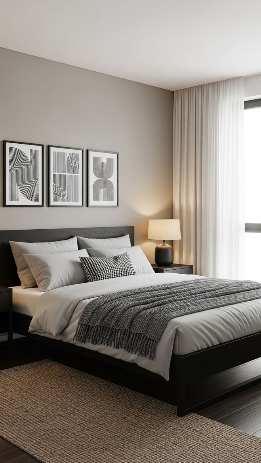 modern neutral bedroom with cozy minimalist decor soft lighting beige bedding and elegant furniture