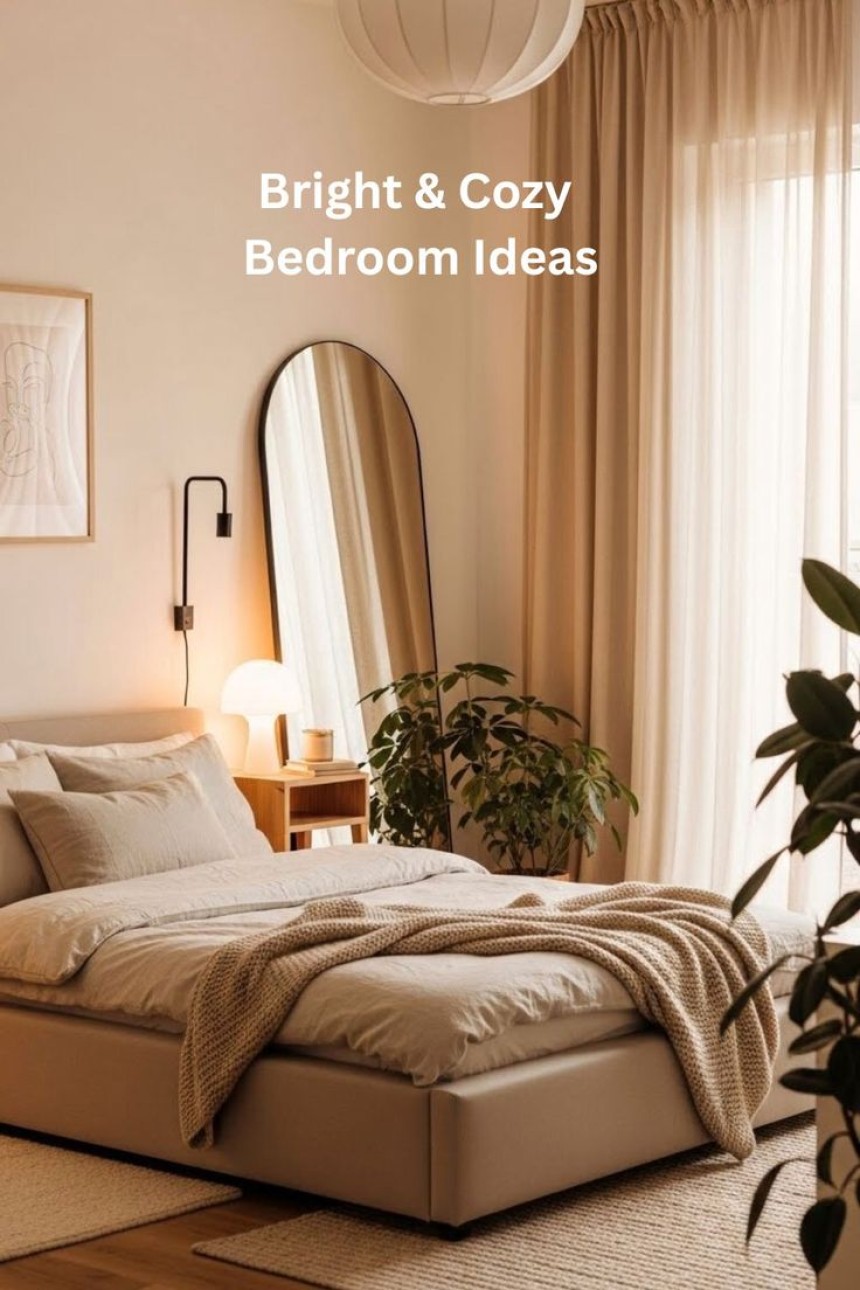bright cozy minimalist bedroom with warm neutral decor natural light soft bedding and modern furniture