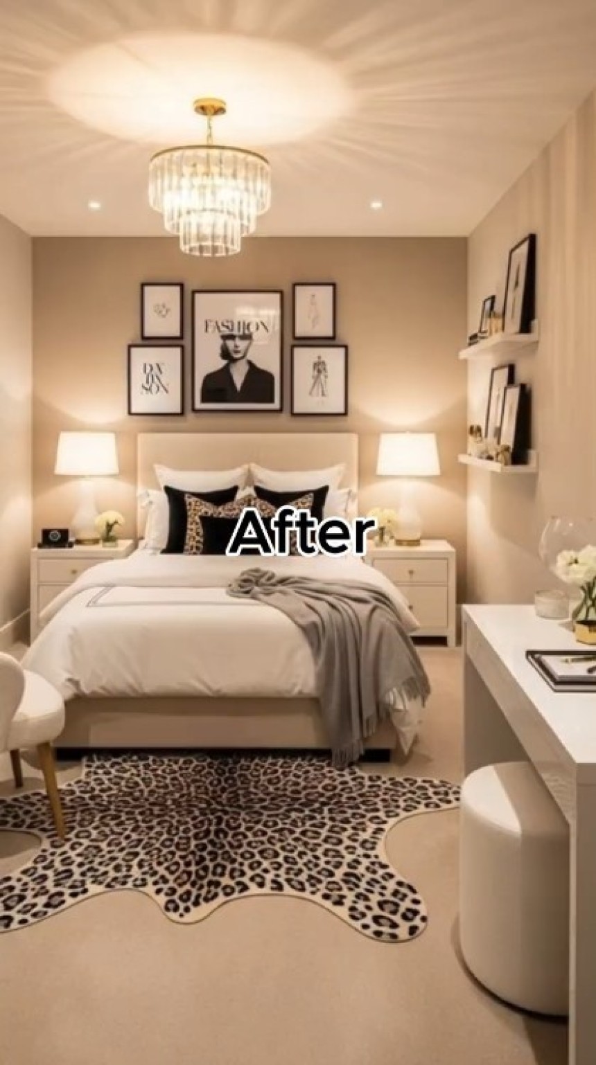 luxury neutral bedroom makeover before and after with cozy modern decor elegant bed and warm lighting